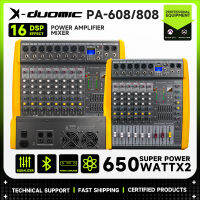 X-DUOMIC PA-608 PA-808  มิกเซอร์มืออาชีพพร้อมเพาเวอร์แอมป์ ，มิกเซอร์ 6/8 แชนแนล,  4 ช่องอินพุตโมโน,  การปรับอีควอไลเซอร์แบบคู่ 7 แบนด์ ,กำลังขับ 650wx2 (4 โอห์ม) ,  เครื่องเล่นแฟลชไดร์ฟจอแสดงผลดิจิตอลบลูทูธในตัว