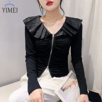 YIMEI เสื้อยืดคอวีมีซิปแขนยาวสำหรับเด็กผู้หญิง,เสื้อเสื้อเอวลอยผ้าคอตตอนมีซิปสีดำอเนกประสงค์สำหรับฤดูใบไม้ร่วง