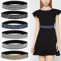 COD SDFERYRTUTYUY Shiny Rhinestone Inlay Waist Belt Elastic Dress Corset Bling Sequins Stretch Cummerbunds Female Dresses Coat Shirt Sashes Crystal Waistband Metal Button Women Fashion