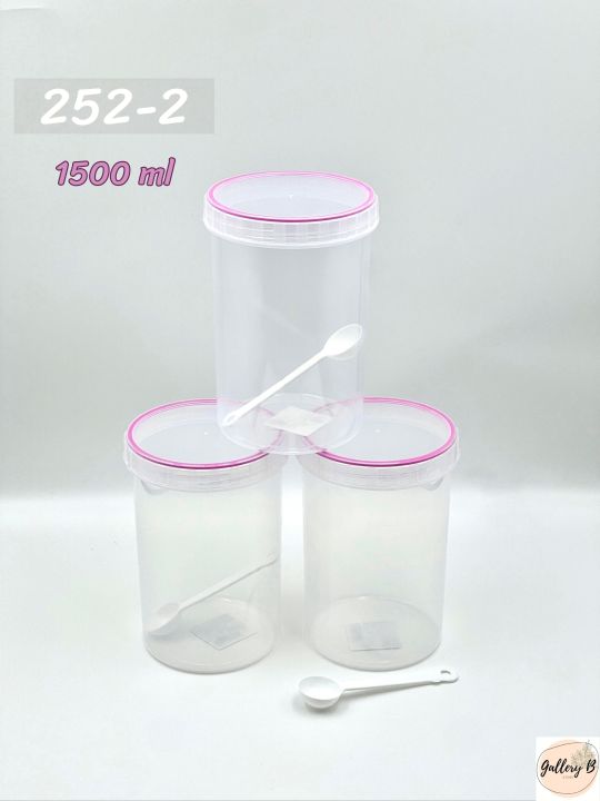 กระปุกพลาสติกฝาซีลปิด-กระปุกพลาสติดฝาซีล-750-1500-ml-แถมฟรีช้อน-กระปุกใส่ท็อปปิ้ง-กระปุกซีลยาง-ฝายางขอบฝาสีชมพู-no-252