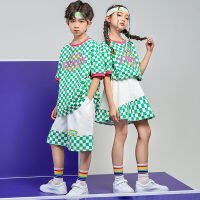 เสื้อผ้าเด็ก Kpop Hip Hop ชุดสีเขียว Checkered T เสื้อลำลองกางเกงขาสั้นกระโปรงสำหรับสาว Boy Jazz Dance เครื่องแต่งกายชุด Clothes