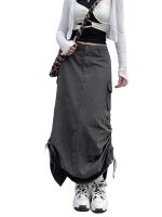 Womens Drawstring Y2K Long Cargo Skirts Low Waist Punk Gothic Midi Skirt Retro A line Pleated Shirred Baggy Skirt