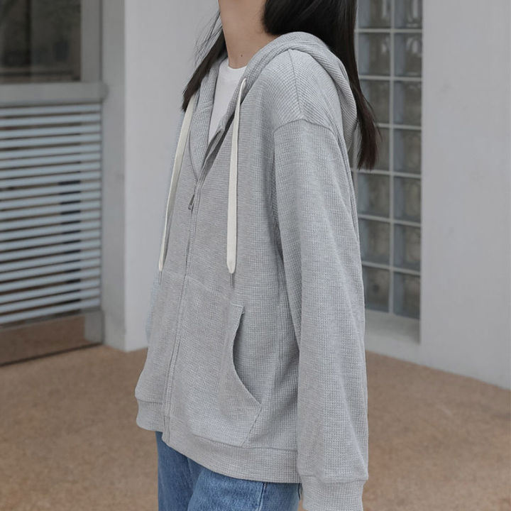 xiang-nian-ni-เสื้อสเวตเตอร์วาฟเฟิลสำหรับผู้หญิง-เสื้อสเวตเตอร์วาฟเฟิลสำหรับนักเรียนหญิงเสื้อนักเรียนแขนยาวบางดีไซน์เสื้อโค้ตมีฮูด