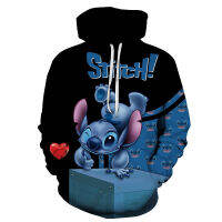 การ์ตูนผู้ชาย Stitch ลายอะนิเมะน่ารัก 3D เสื้อสเวตเตอร์พิมพ์ลายมีฮู้ดแบบใหม่เสื้อผ้าแบบสวมหัวทรงหลวม