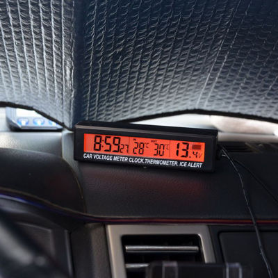 นาฬิกาดิจิตอลภายในภายนอกรถเครื่องวัดอุณหภูมิอุณหภูมิแบตเตอรี่เครื่องวัดแรงดันไฟฟ้า LED Backlight พร้อมช่องเสียบ