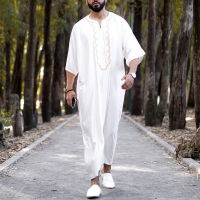 2022 Mens IIslamic เสื้อผ้าซาอุดีอาระเบียปากีสถานดูไบตะวันออกกลาง Ramadan Caftan หลวมสีขาว Collarless มุสลิม Robe