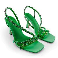 Green Sandals Women Shoes Sexy High Heels Rhinestones Chain Luxury Stiletto Ladies Pumps Summer Open Toe Sandals Slingbacks