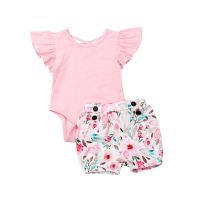 0-24M Newborn Toddler Baby Girl Summer Clothing Set Off Shoulder Pink Romper Top Floral Printed Shorts 2Pcs Outfit Set  by Hs2023