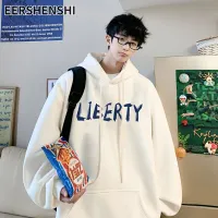 EERSHENSHI เสื้อเสื้อสวมคอมีฮู๊ดลำลองมีกระเป๋าขนาดใหญ่พิมพ์ลายตัวอักษรนักเรียนเสื้อกันหนาวมีฮู้ดของผู้ชายเสื้อแขนยาวทรงหลวม