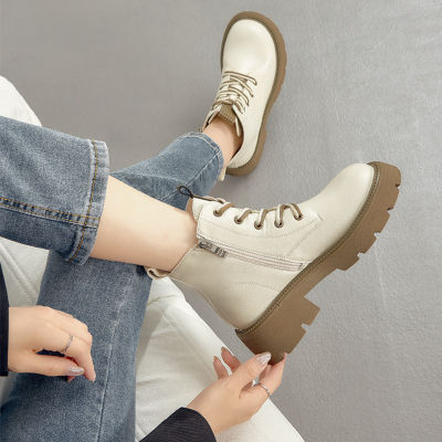 รองเท้าบูทรองเท้าบูท Martin หญิง2022ฤดูใบไม้ร่วง/ฤดูหนาวส้นกลมพื้นรองเท้าหนาพื้นรองเท้าแบบสั้นผูกเชือกแฟชั่นสไตล์บริทิช