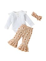 Toddler Baby Girl Long Sleeve Ruffle Ribbed Solid Color Romper Floral Print Flare Pants Bell Bottoms Outfit  by Hs2023