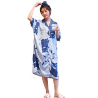 【 WYIN kitchen】 Summer Silk Women Nightdress Short Sleeve Turn-down Collar Cardigan Girls Nightgown Casual Female Sleepwear Homewear