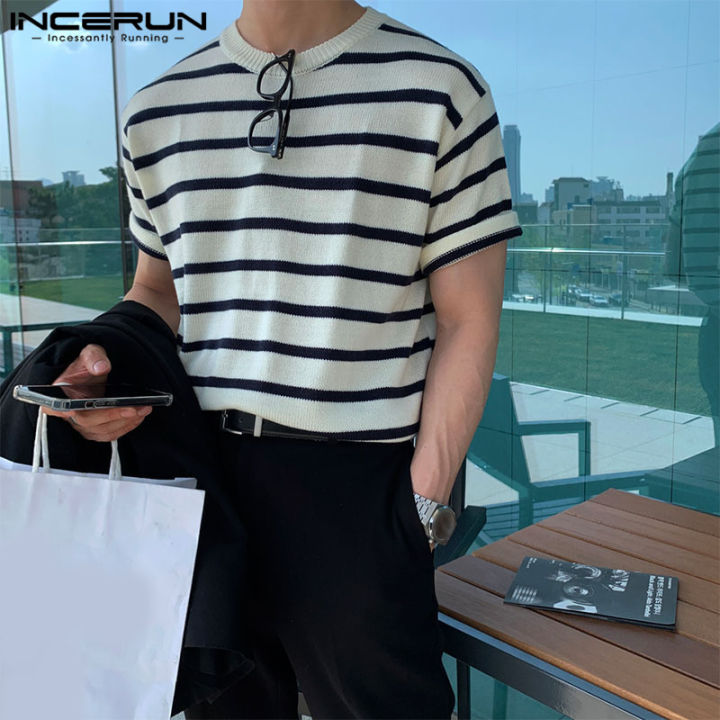 incerun-เสื้อเสื้อยืดลำลองวันหยุดแขนสั้นลายทางเสื้อแบบเรียบคอผู้ชาย-สไตล์เกาหลี