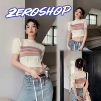 Zero shop?พร้อมส่ง? (Zero-45667) เสื้อไหมพรมแขนสั้น คอกลม ดีเทลคาดรุ้งน่ารักมาก  -C