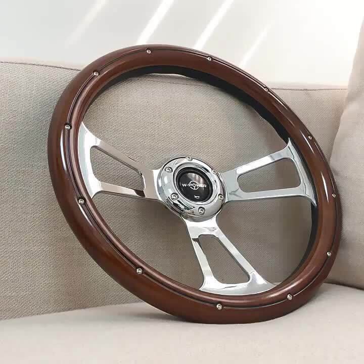 JDM 14inch Universal Wood Steering Wheel WPower Chrome Spoke Classic
