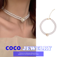 COCOJEWELRY สร้อยคอสร้อยคอมุกสองชั้นสำหรับผู้หญิงน้ำหนักเบาหรูหราดีไซน์โซ่ไหปลาร้า2023สัมผัสสไตล์ร้อนแรงใหม่