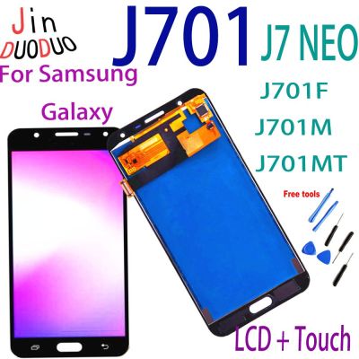 Amoled เหมาะสำหรับ Samsung Galaxy J7ตัวแปลงเป็นดิจิตอลสำหรับหน้าจอ LCD สัมผัสหน้าจอ LCD นีโอเหมาะสำหรับ Samsung J701อะไหล่ LCD SM-J701F J701M J701MT