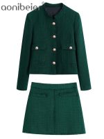 Aonibeier 2022 Za Woman Casual Traf Suits Autumn Winter Ornate Buttons Short Blazers + Mini Skirt Tweed Woolen Jacket Green Sets