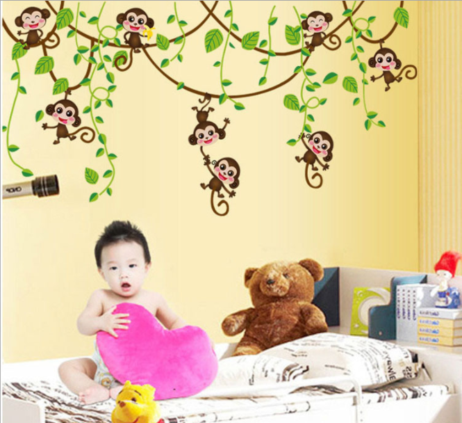 Decal dán tường trẻ em, decor phòng bé, bàn học, tủ quần áo: Khỉ ...