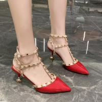 Sandals Summer Women High Heel 2022 Fashion Pointed Sequins Metal Rivets Red Modern Shoes Sexy Cutout Buckle Stiletto Party Shoe