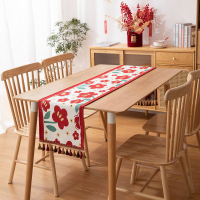 เสื่อผ้าปูโต๊ะสำหรับเทศกาลดอกไม้สีแดงโบว์ตัวอักษรจีนผ้าปูโต๊ะคริสต์มาส Tassels,โต๊ะรับประทานอาหาร,ถังหางเตียงตู้ทีวีมีช่องวางทีวีผ้าปูโต๊ะของตกแต่งงานปาร์ตี้สำหรับงานเลี้ยง