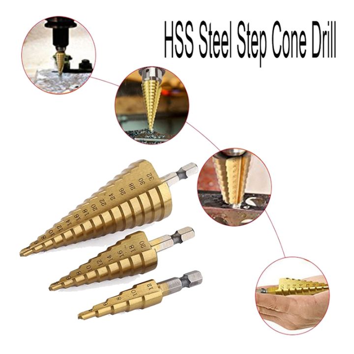 hss-step-drill-bit-set-of-3-4-12mm-4-20mm-4-32mm-cone-titanium-wood-metal-hole-cutter-hex-shank-drive-quick-change-tool