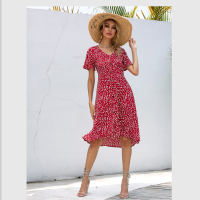 2021 Summer Dress Midi V-Neck Printed Dress Woman Single Row Buttons Irregular Dress Ladies Slim High Waist Casual Holiday Dress