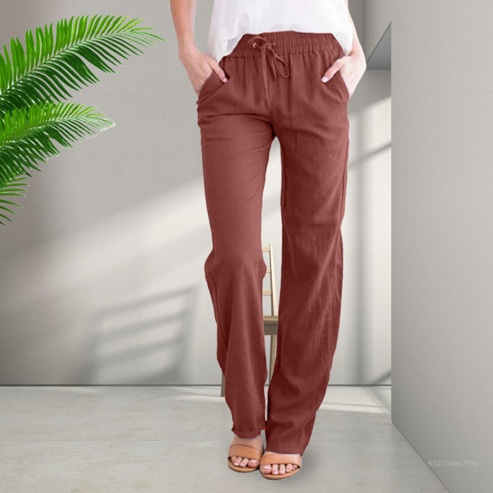 Women's Cotton Linen Casual Pants Straight Leg Drawstring Elastic High  Waist Trousers with Pockets for Vacation Beach Sleep SJRT-MY