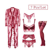 2021Varsbaby Sexy Lace Push Up Lingerie Set Nightgown+Bra+ Panties+ Stockings +Y-line Straps +Thong 7 Pcs