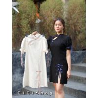 Cici(Z3060)Mini dress เดรสสั้นกี่เพ้าผ้าทอลาย กิมมิคเว้าอกเล็กๆผ่าชายกระโปรงเบาๆ สไตล์สาวคิ้วท์