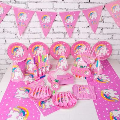 ✎♂✱ Unicorn Disposable Tableware 1st Birthday Party Decorations Kids Disposable Cups Straw Napkins For Girl Unicorn Party Supplies