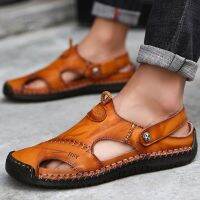 HOT★Mens Hollow Sandals Large Size Casual Comfortable Walking Leather Slippers Outdoor Roman Shoes Pantoufles Hommes Cuir