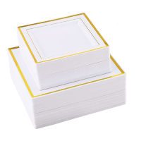 Premium Disposable Plastic Plates, Heavyweight Gold Rim Dinner Plastic Plates SaladDessert Plates for Wedding,Party