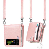 เคสโทรศัพท์คาดลำตัวมีซิปสำหรับ Samsung Galaxy Z Flip 4 5G ฝาหลังหนังบัตรเครดิตช่องใส่การ์ดกันกระแทกพร้อมสายคล้อง snjspk