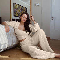 2021 New Womens Plush Lace Long Three-piece Suit With Belt Bathrobe Home Service Fashion Pants Tops Autumn And Winter