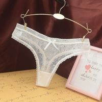 Lace Jacquard Thong Women Underwear Cotton Crotch Seamless Panties with Bow Transparent G String Трусы Женские