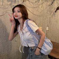แมทช์ลุคง่ายสายรัดแขนสั้นไซส์ใหญ่ใส่ได้กับทุกชุดเสื้อทรงสี่เหลี่ยมคอปกทรงสี่เหลี่ยมโชว์สะดือแบบใหม่ใส่ได้กับทุกชุด T เสื้อยืดดีไซน์ผู้หญิงสไตล์ฝรั่งเศส