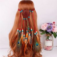 Hippie Bohemian Women Dreamcatcher Headband Indian Colored Beaded Artificial Peacock Feather Adjustable Cosplay Party Headpiece