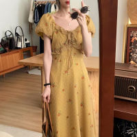 Factory Outlet Spot 2023 Korean Wood Ear Delicate Small Incense Wind Yellow Floral Dress Female Summer New French