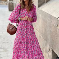 【hot】❦  Boho Floral Print Vestido V Neck Ankle-length Collage Drawstring Loose Vestidos Bobe