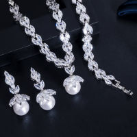 CWWZircons Cantik เพชรสังเคราะห์ชุด Mutiara Kalung Subang untuk Wanita Parti Perkahwinan Kostum Barang Kemas Kangs T092