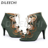 DILEECHI Latin Dance รองเท้าผู้หญิงกำมะหยี่สีเขียวสายรัด Party Salsa บอลรูมเต้นรำรองเท้าส้นสูงบาง8.5ซม. นุ่ม Out Sole