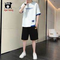 【Hot Sale】 GANG suit mens casual sportswear summer short-sleeved five-point fashion round neck large size two-piece trendy brand