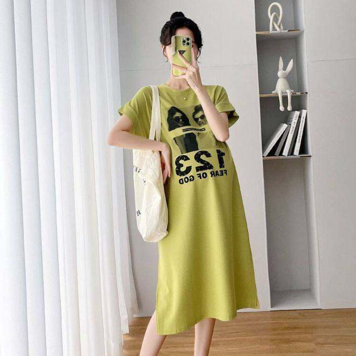 naza-trend-store-free-shipping-ชุดฤดูร้อนสำหรับคนท้องเสื้อแขนสั้นแฟชั่นฤดูร้อนผ่าข้างเหนือเข่าชุดหลวมเสื้อยืดฤดูร้อนกระโปรงยาว
