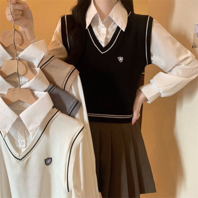Onesunnys เสื้อกั๊กแผงคอโปโล Preppy 2023, เสื้อแขนยาวสองชิ้นปลอมหลวม, เสื้อกั๊กถักนิตติ้งผู้หญิง เสื้อนักเรียน S-XL!!!