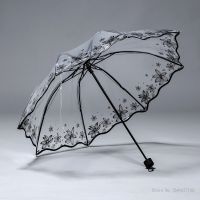 Womens transparent thickened summer flower printed umbrella, three-fold automatic and manual umbrellas beach umbrella