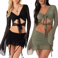 COD Women´s Summer 2PCS Outfit Sets Long Sleeve V Neck Crop Tops + Black Mesh Ruffle Skirt