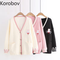 Korobov 2020 Autumn Winter New Long Sleeve Women Sweaters Sweet V Neck Jumper Femme Kawaii Knitted Sueter Mujer Outwear