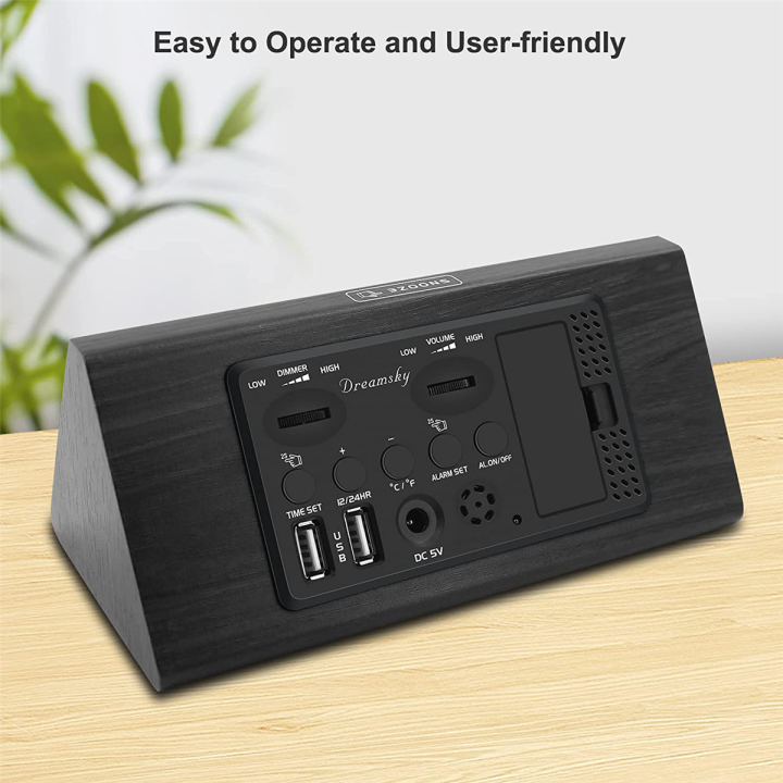 wooden-digital-alarm-clock-with-2-usb-ports-temperature-0-100-brightness-dimmer-adjustable-alarm-volume