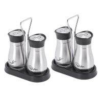 2X Salt and Pepper Shakers Set - High Grade Stainless Steel with Glass Bottom and 4 inch Stand